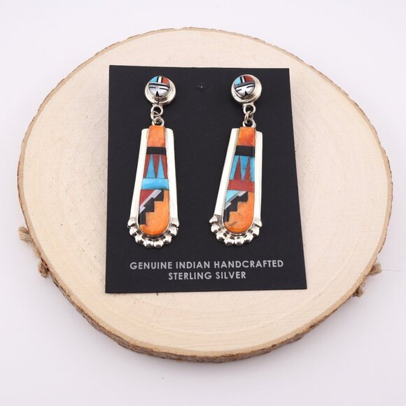 Handcrafted Native American Zuni Sun Face Inlay‎ Spiny Oyster Dangle Earrings ** - Picture 3 of 12